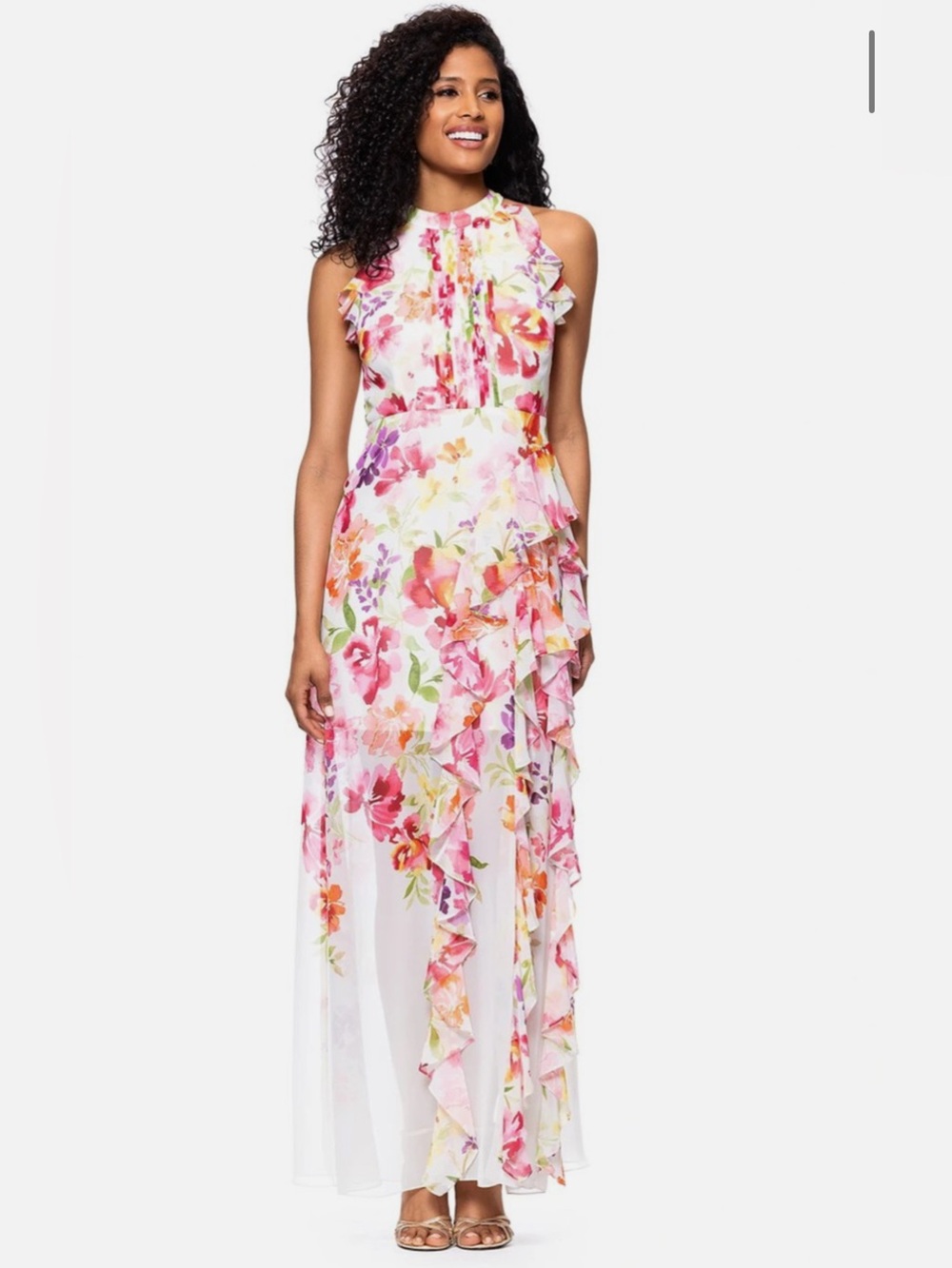 Betsy & Adam Pink Multi Floral Ruffle Maxi Dress
